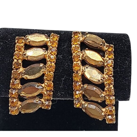 Unsigned Designer Topaz & Citrine Crystal Clip On Earrings Vtg Ladder/Climbers - Picture 1 of 16